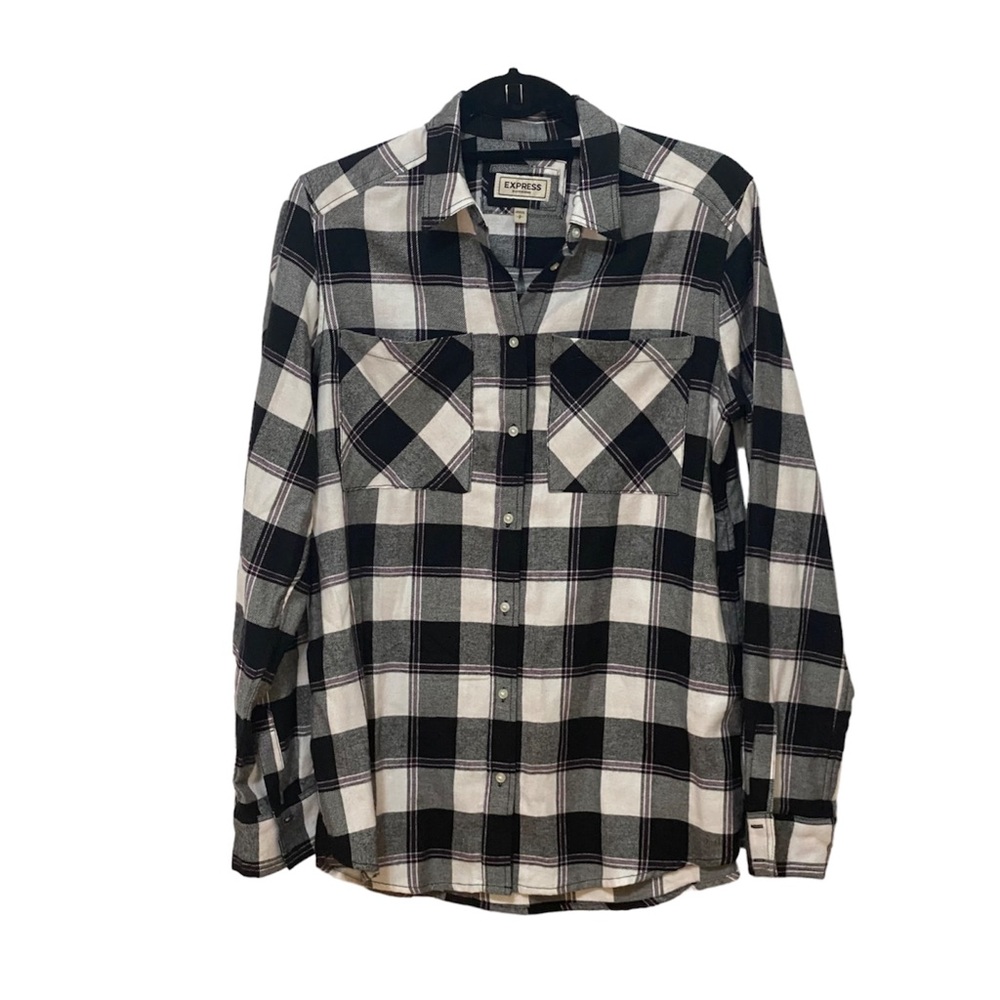 Express Boyfriend Black & White Button Down Flannel Shirt Small